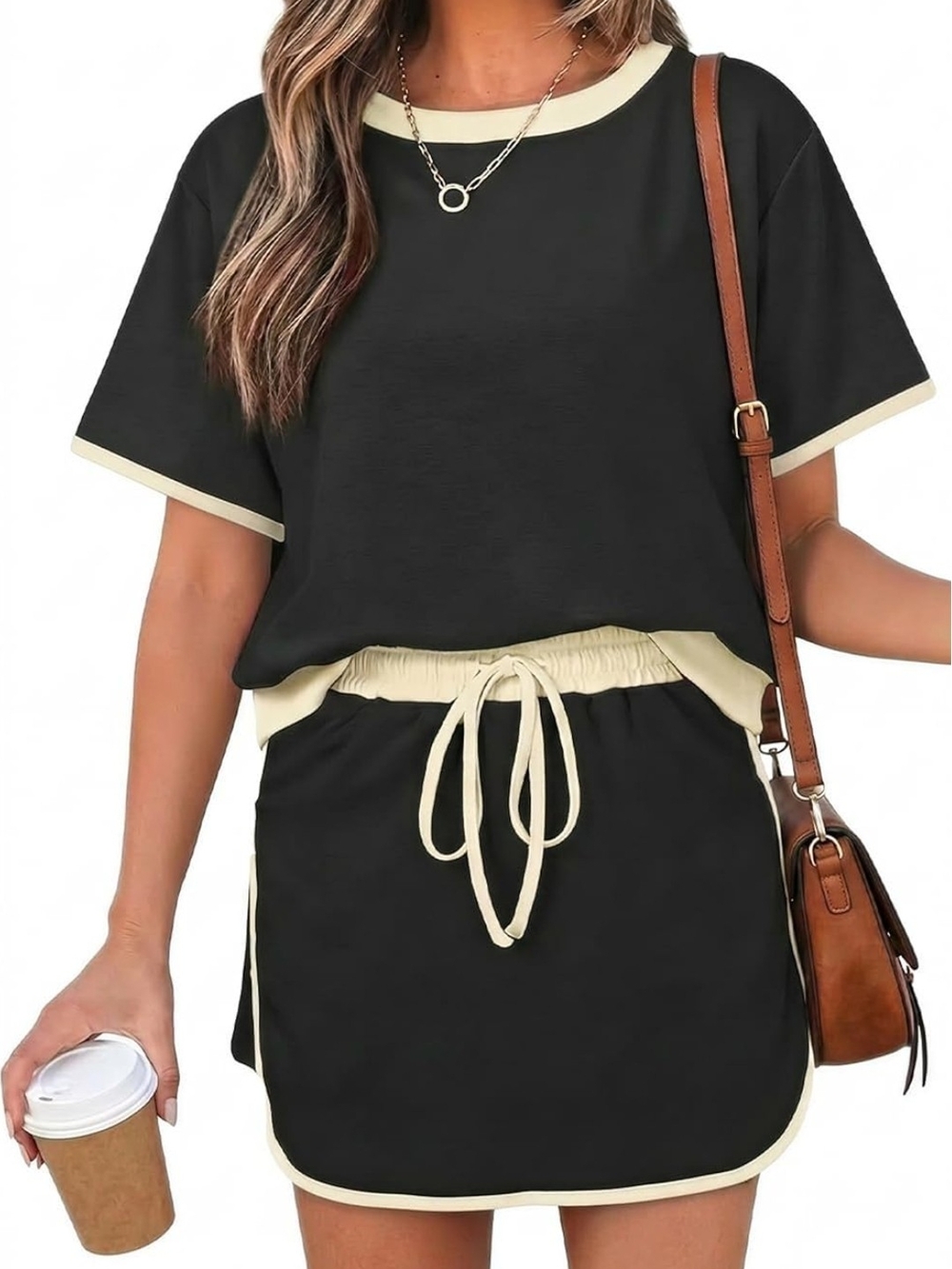 Casual Black & Cream Drawstring Mini Skort - Womens